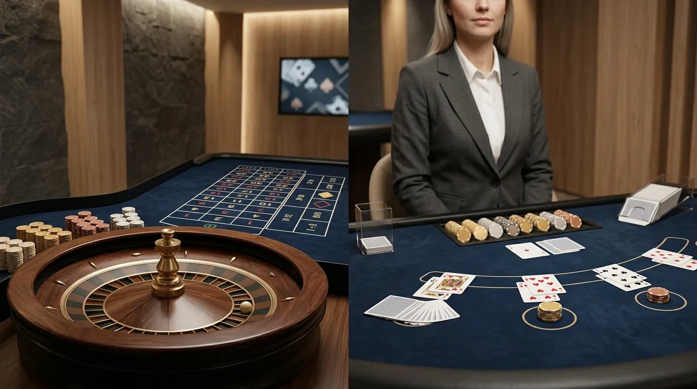 Neutral illustration af live casino med roulettehjul, blackjackbord og spilvært