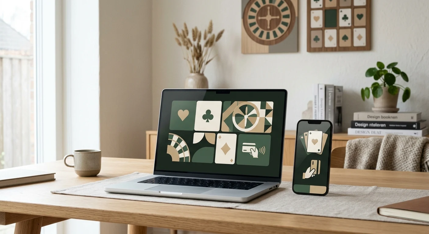 Illustration af dansk onlinekasino på mobil og computer med DKK og betalingssymboler